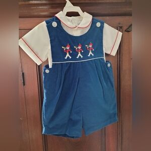 Vintage Baby Boy Size 4T Blue & White Trumpet Players Romper